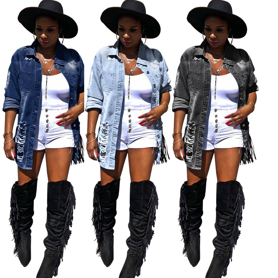 Hot Selling Ladies Denim Jacket Women Coat Casual Ripped Holes Women Jean Jackets Women's Jeans Blouse supplier
