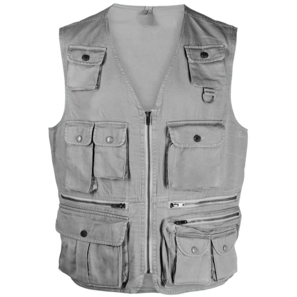 Custom Fashionable Cotton Vest Solid Color Woven Casual Wear Sleeveless Waistcoat Men's Vest With Multi Pocket details