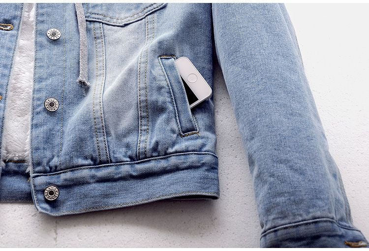 Ladies Womens Winter Sherpa Hoodie Jacket Casual Jeans Slim Fit Blue Denim Plus Size Women's Jackets details