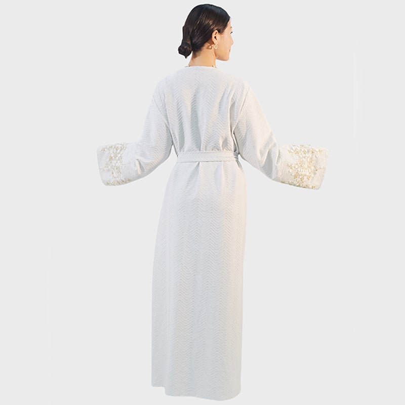 Ethereal White Open Abaya Artisan Cuff Embroidery Sculpted Waist Tie Fastening Minimalist Elegance Graceful Flow factory