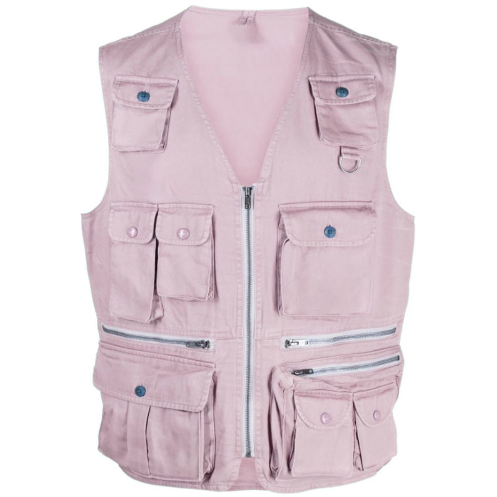 Custom Fashionable Cotton Vest Solid Color Woven Casual Wear Sleeveless Waistcoat Men's Vest With Multi Pocket manufacture