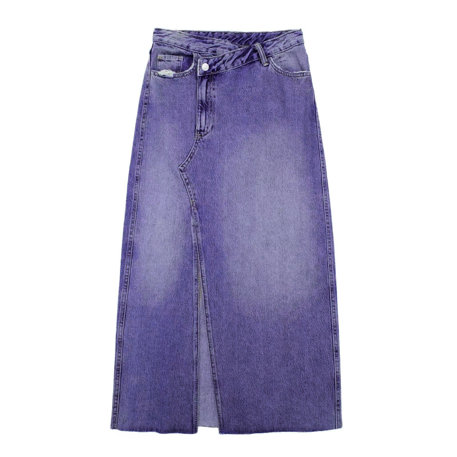 High Quality Irregular Diagonal Button Design Vintage Highwaist Denim Jeans Midi Split Skirt for Women manufacture