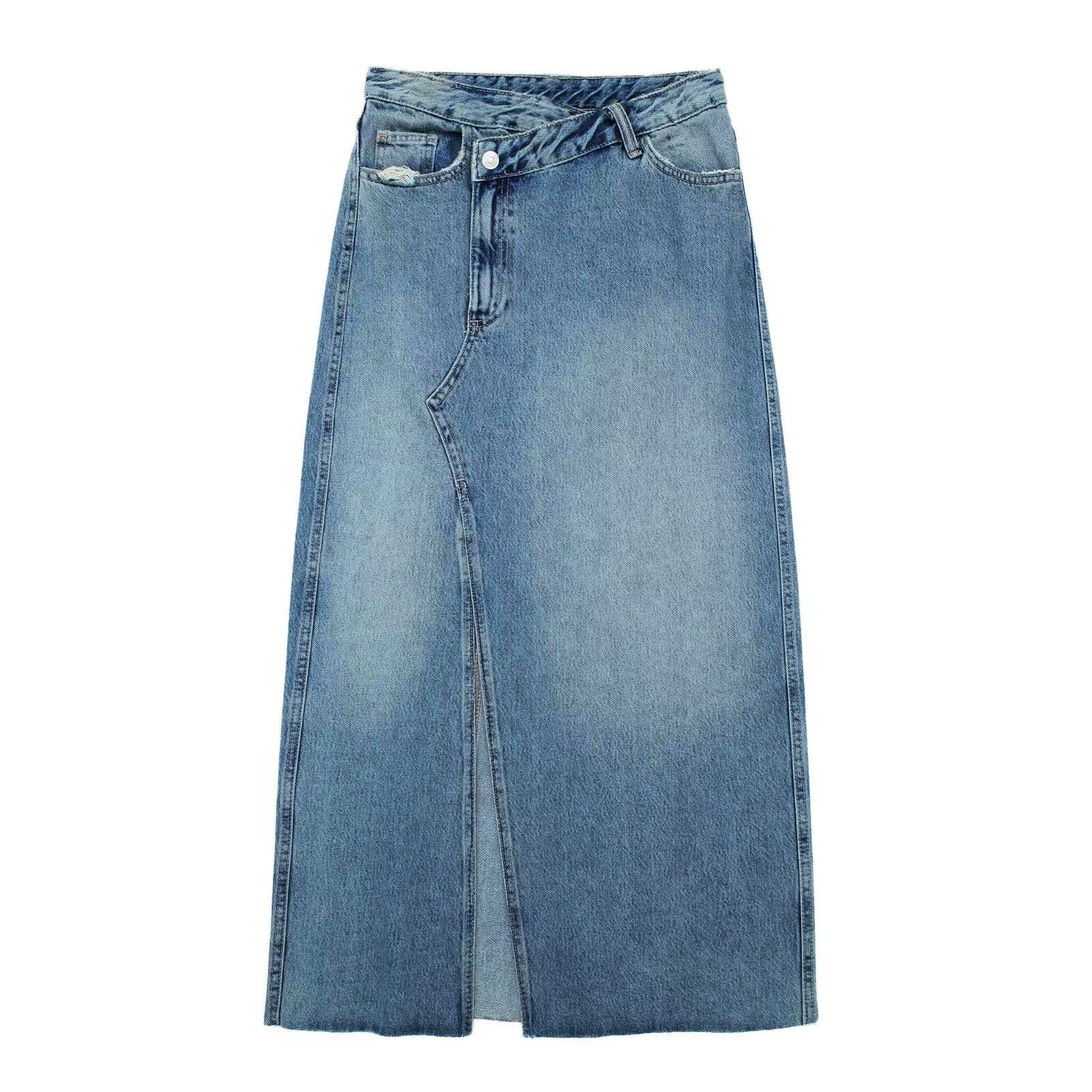 High Quality Irregular Diagonal Button Design Vintage Highwaist Denim Jeans Midi Split Skirt for Women supplier