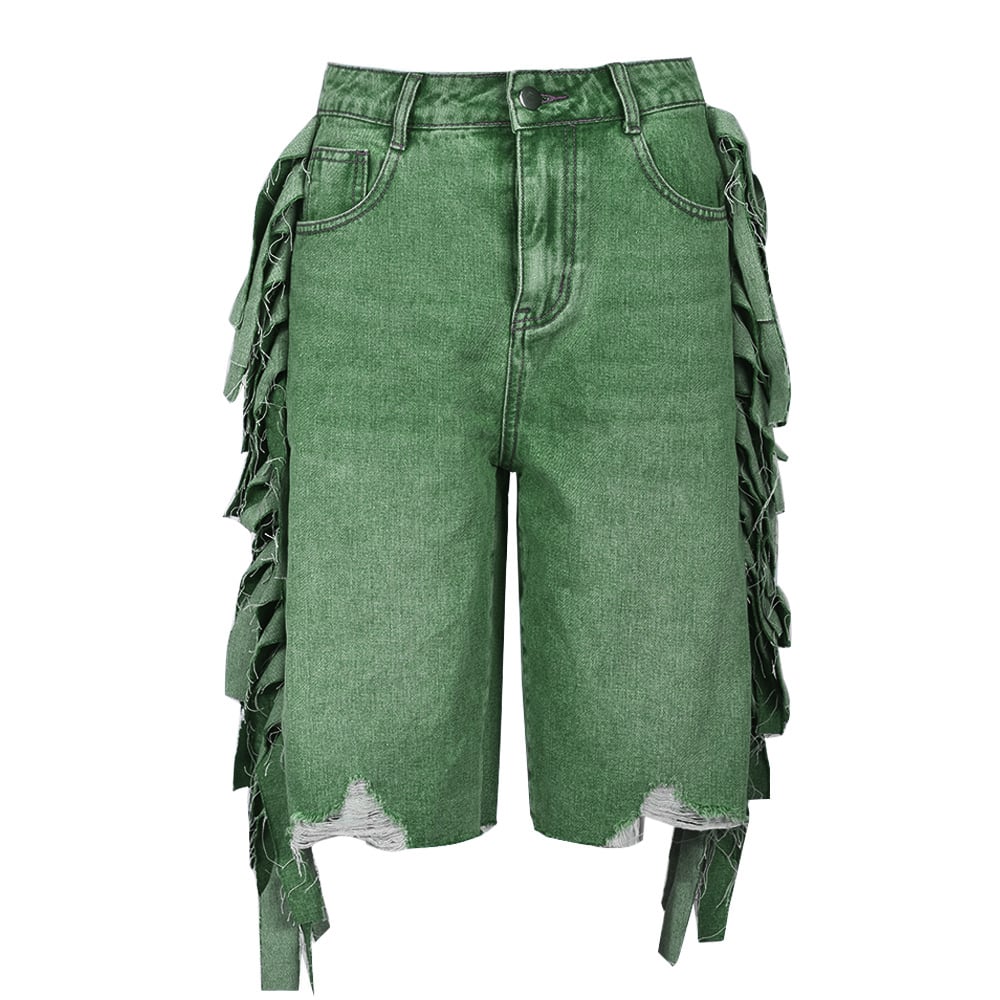 Summer Women High Waist Stretch Acid Wash Denim Shorts Casual Fashionable Knee Length Ripped Hole Tassel Jean Shorts factory