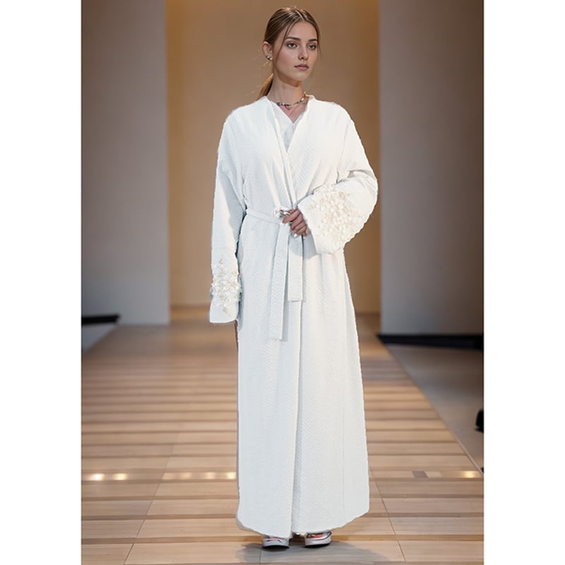 Ethereal White Open Abaya Artisan Cuff Embroidery Sculpted Waist Tie Fastening Minimalist Elegance Graceful Flow manufacture