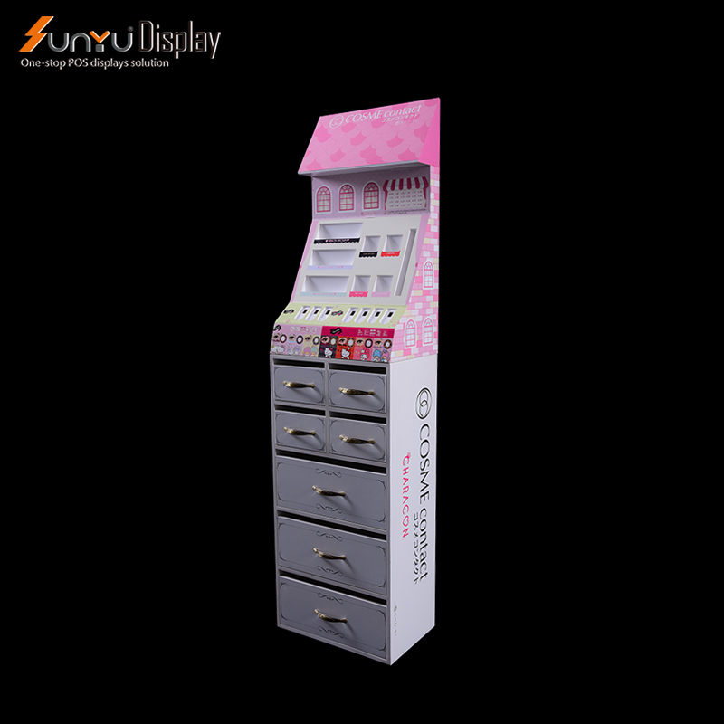 Factory Wholesale High Quality Durable Custom Wooden Cosmetics Large Floor Display Shelf Drawer Multi-layer Display Storage details