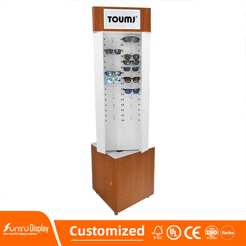 High Fashion Custom Acrylic and Wood Glasses Display Stand Floor to Floor Transparent Shelf Can Rotate and Push Slide supplier