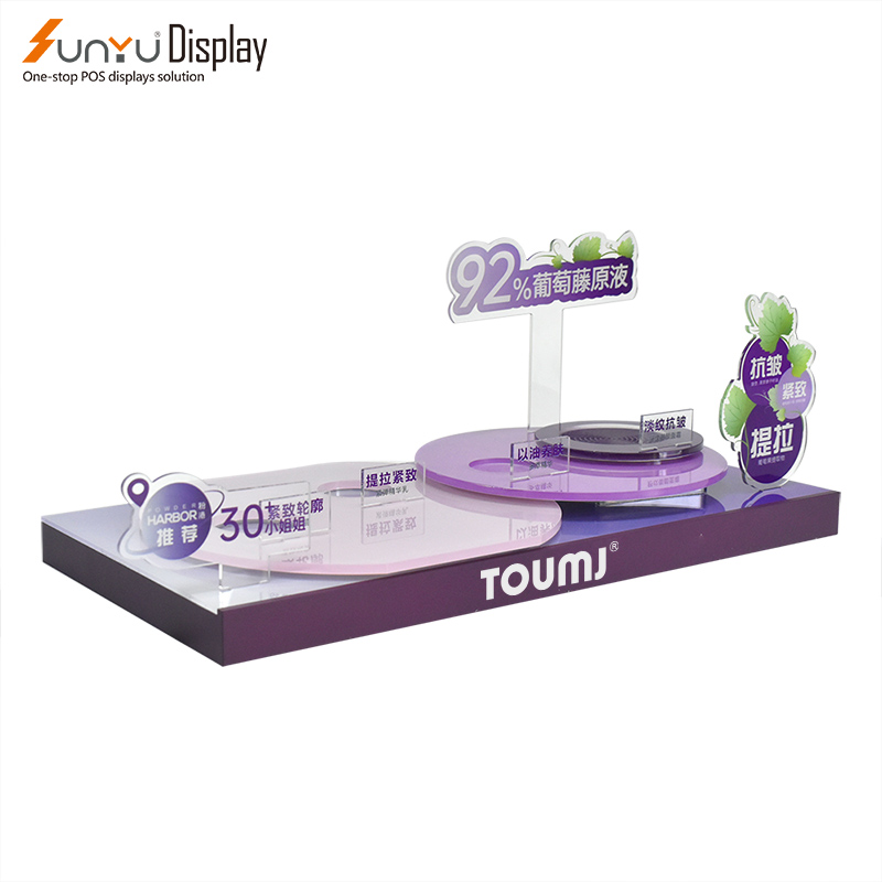 Professional makeup products retail store purple acrylic makeup skincare cosmetic display stand for retail store supplier