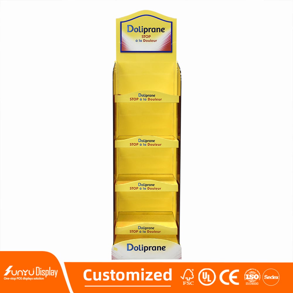 SUNYU Custom Supermarket Acrylic PVC Foam Board Display Shelves 4 Tier Food Beverage Floor Display Stand factory