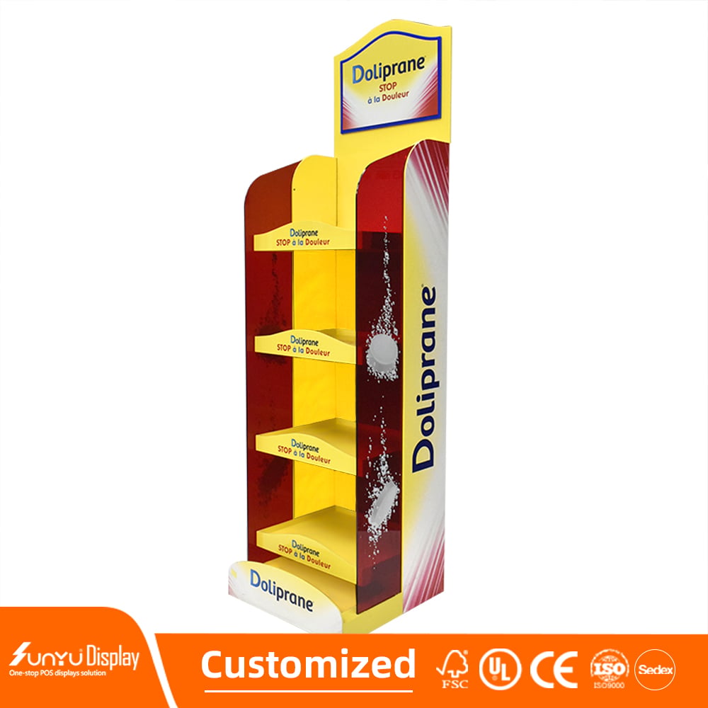 SUNYU Custom Supermarket Acrylic PVC Foam Board Display Shelves 4 Tier Food Beverage Floor Display Stand details
