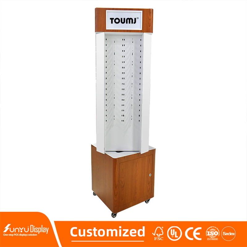 High Fashion Custom Acrylic and Wood Glasses Display Stand Floor to Floor Transparent Shelf Can Rotate and Push Slide manufacture