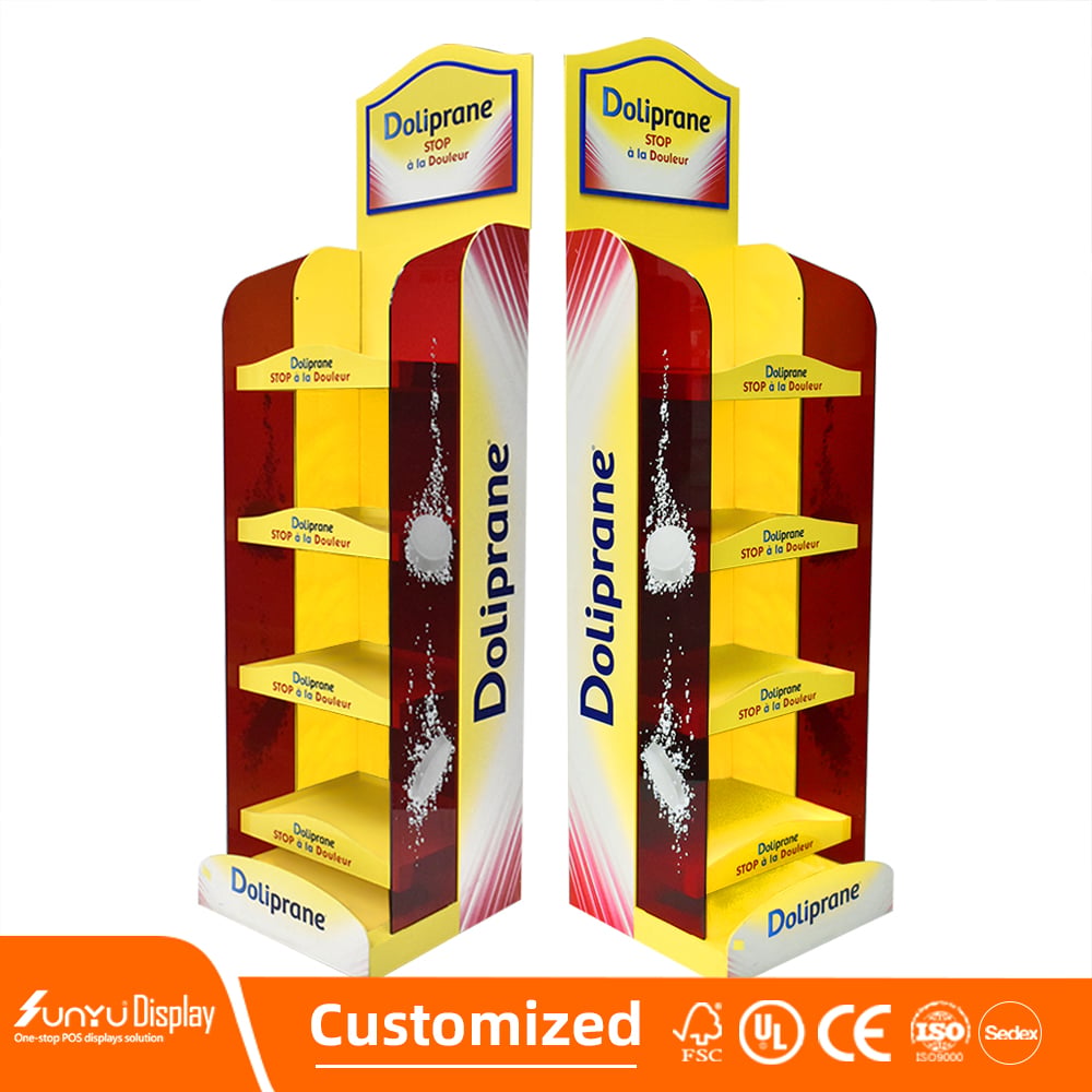SUNYU Custom Supermarket Acrylic PVC Foam Board Display Shelves 4 Tier Food Beverage Floor Display Stand factory