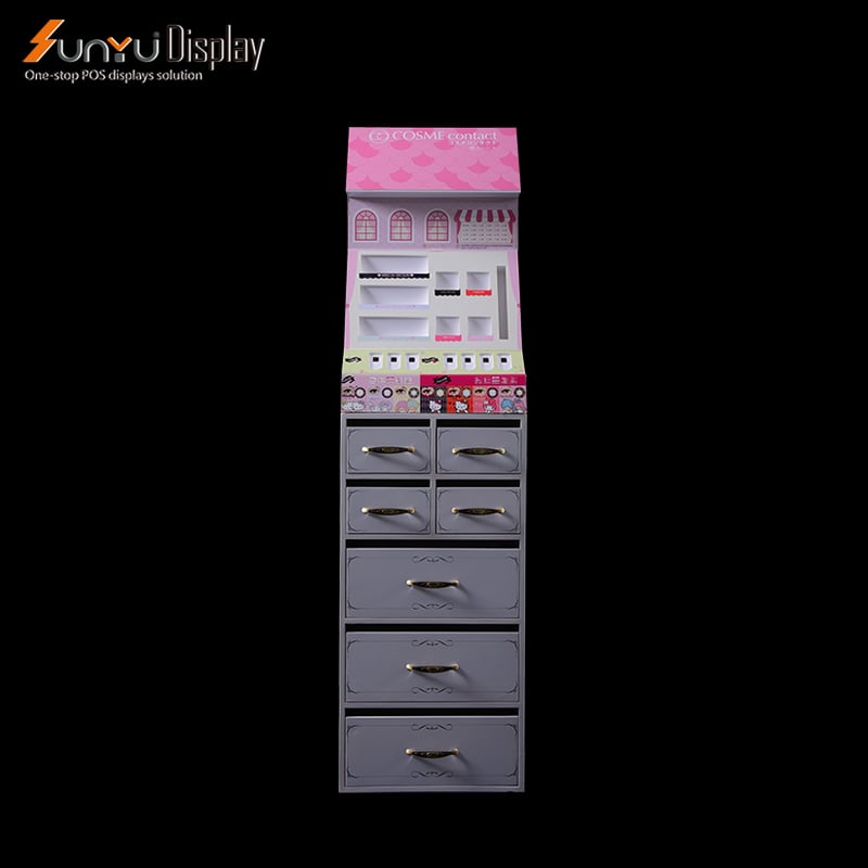 Factory Wholesale High Quality Durable Custom Wooden Cosmetics Large Floor Display Shelf Drawer Multi-layer Display Storage details