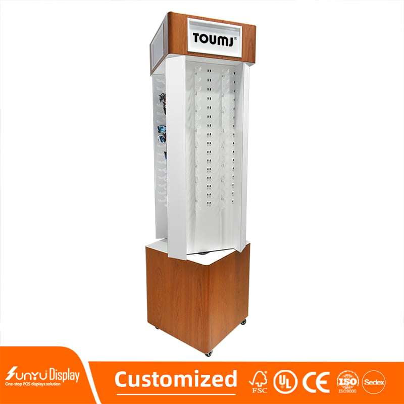 High Fashion Custom Acrylic and Wood Glasses Display Stand Floor to Floor Transparent Shelf Can Rotate and Push Slide manufacture