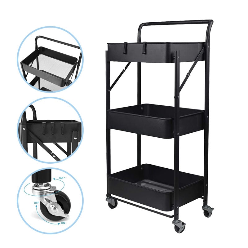 Household Utility Metal Rolling Mobile 3 Tier Folding Cart