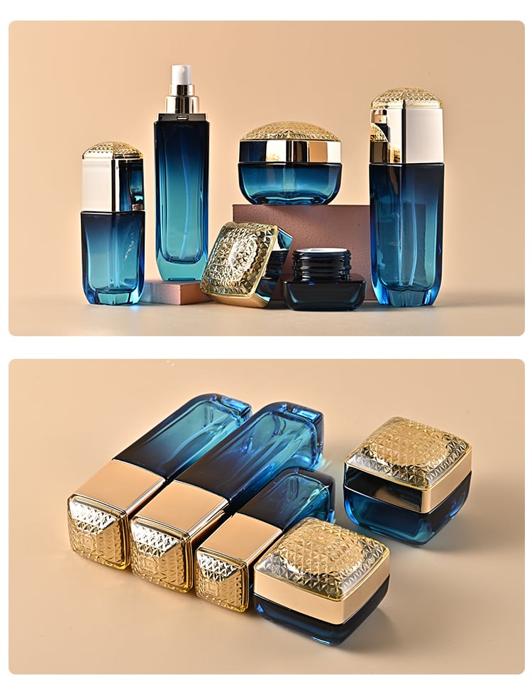 Unique make up bottle shining cap glass 30g 50g 40ml 100ml 120 ml modern special shape cosmetic bottle glass jars and bottles factory