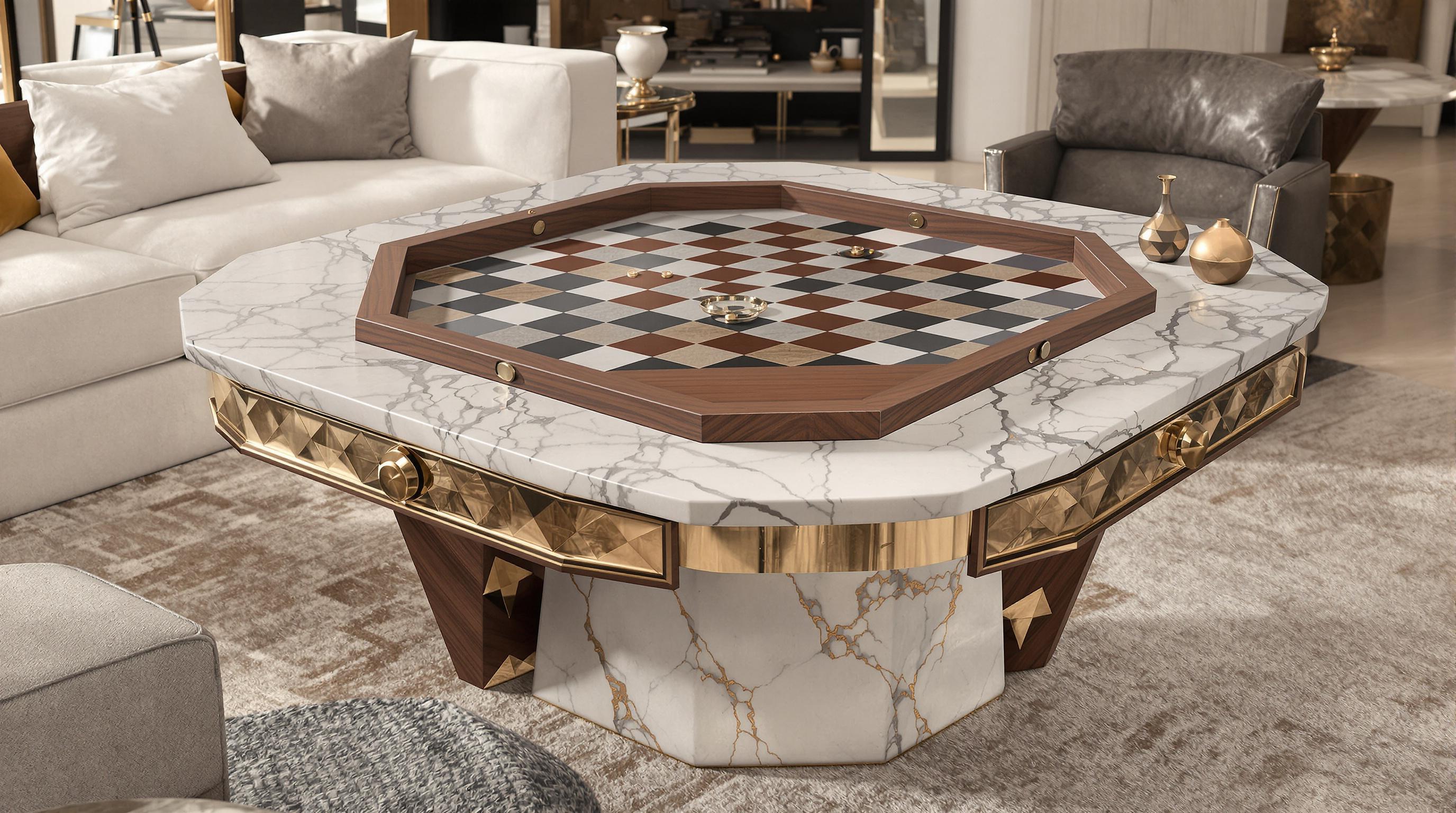 Close-up of a high-end game table made of marble, walnut, and brass in a tastefully decorated modern interior.