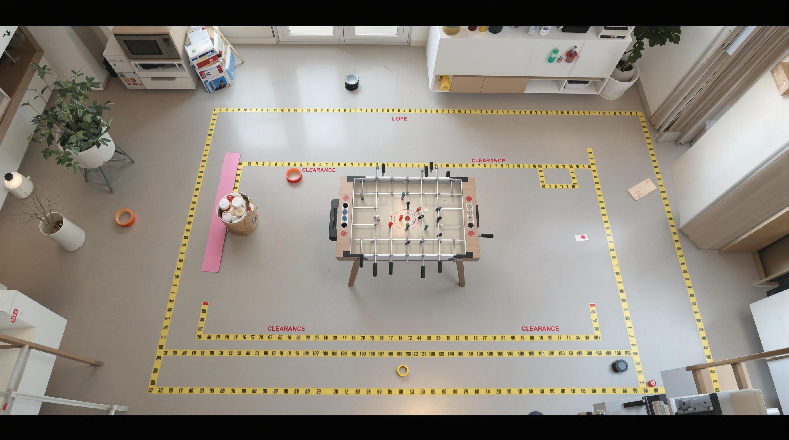 A realistic overhead photo of a multi-game table in a room with marked play areas and measuring tape
