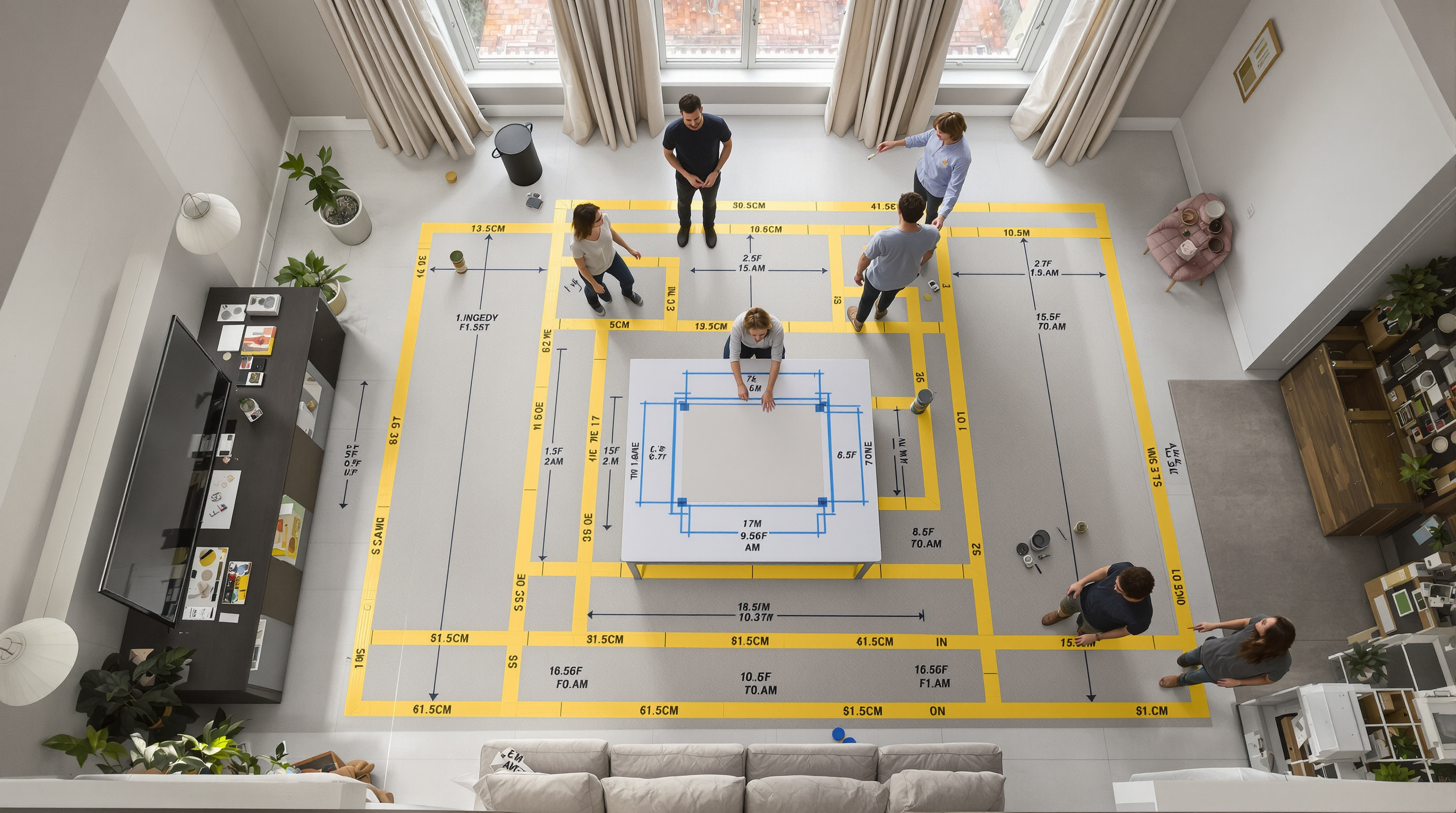 Overhead view of a living room with a game table and taped clearance markings showing movement space