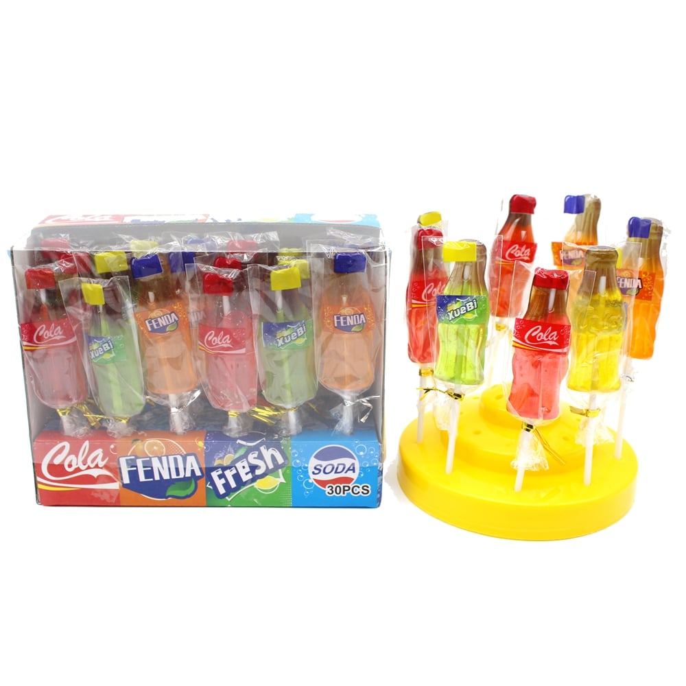 Wholesale Funny Fruit Flavor Bonbons Lolly Colorful Sweets Healthy Snacks Coke bottle Stick Hard Lollipop supplier