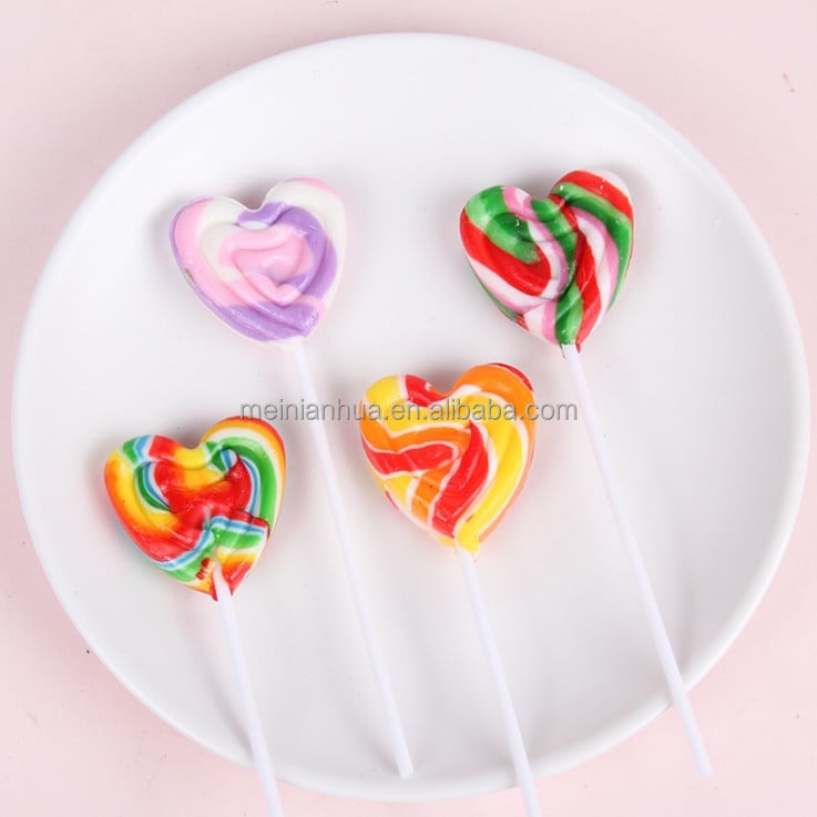 Custom halal fruit flavor heart shape rainbow hard lollipop candy manufacture