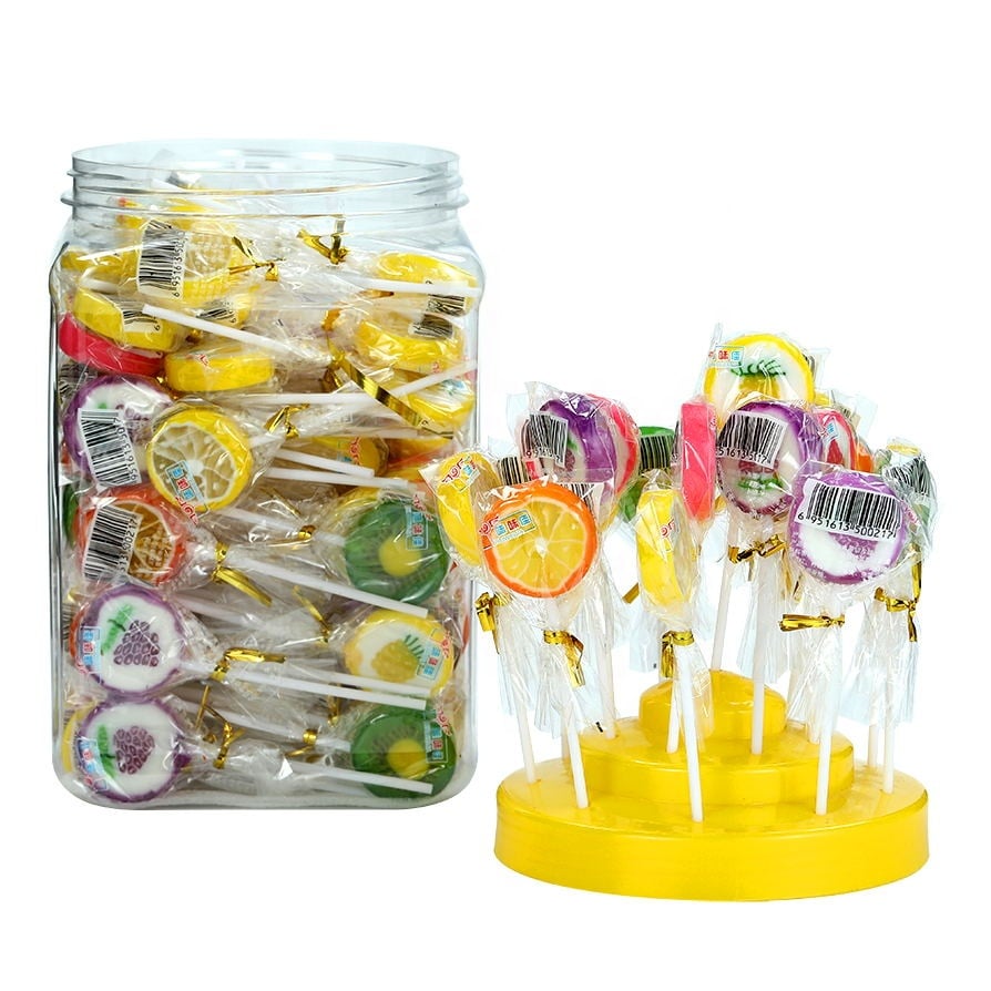 Vitamin fruit flavor orange, lemon, grape shape flat round hard candy lollipop details