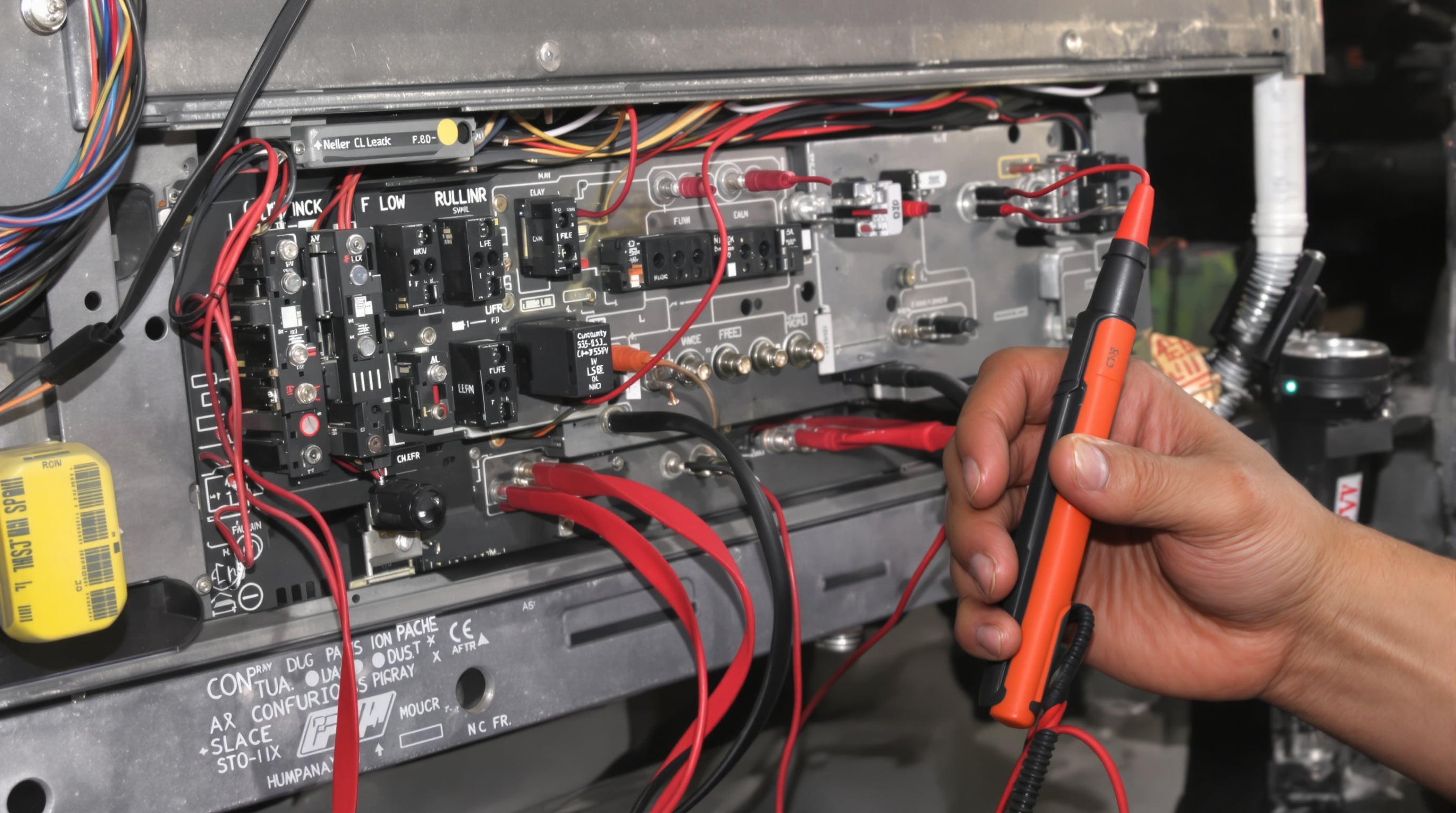 Mechanic testing truck switch panel with a multimeter in a workshop
