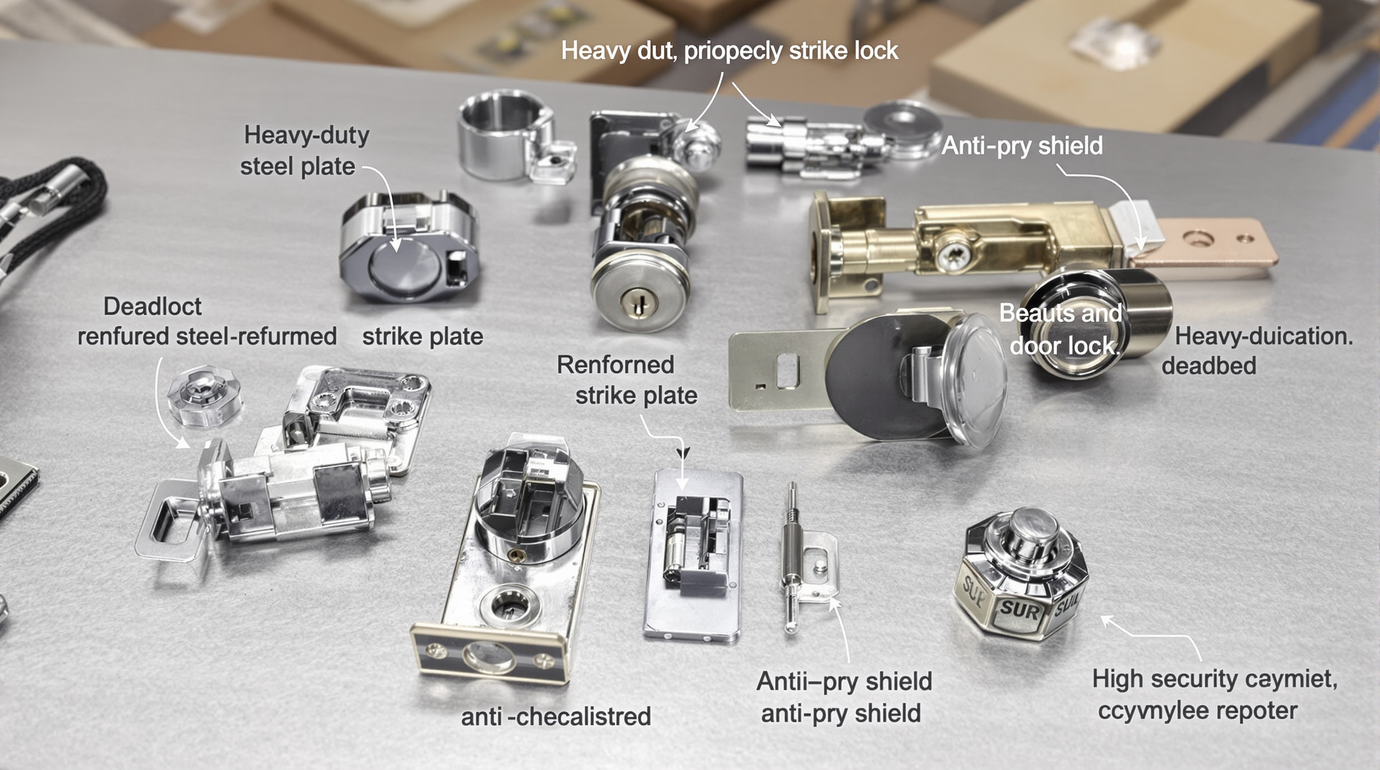 Close-up view of upgraded RV door lock parts laid out on a workbench, featuring reinforced steel components in soft natural lighting