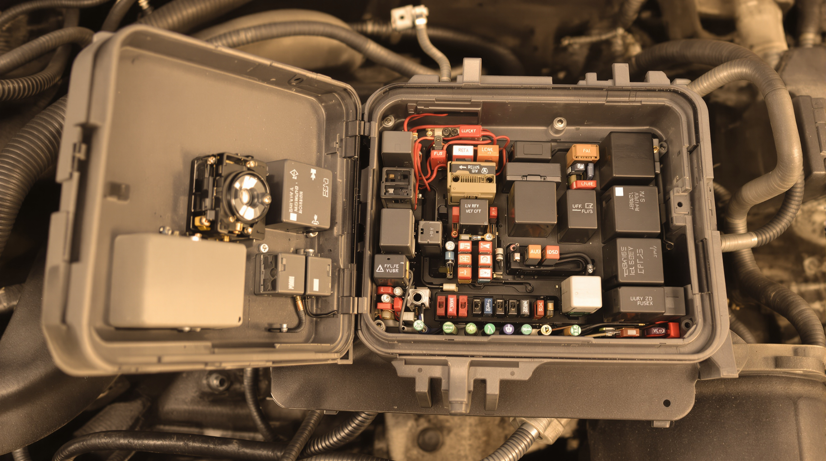 A photorealistic close-up of an automotive relay box opened to reveal organized relays, fuses, and connectors in a durable enclosure.