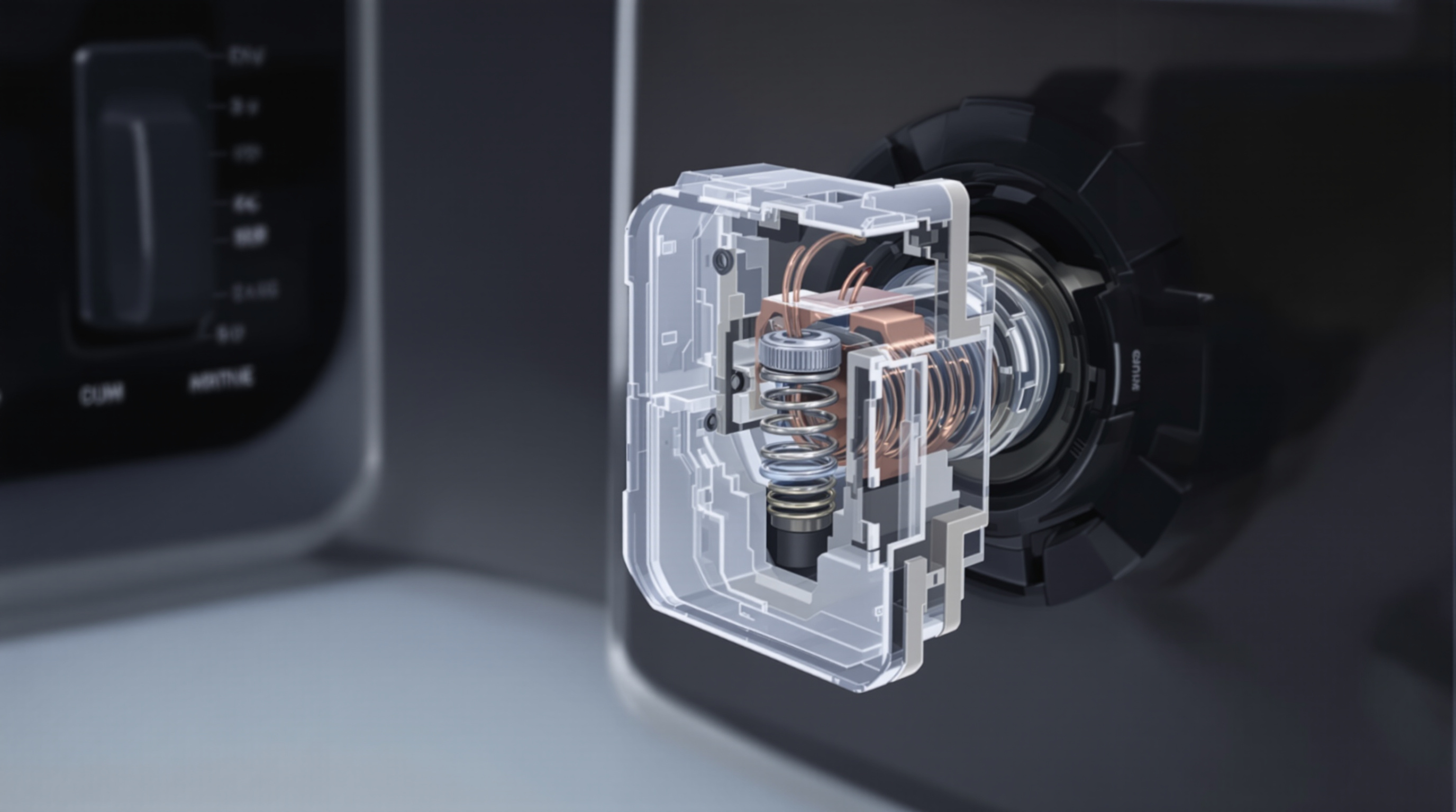 Partially transparent marine rocker switch showing internal spring, contacts, and sealed housing inside a boat console