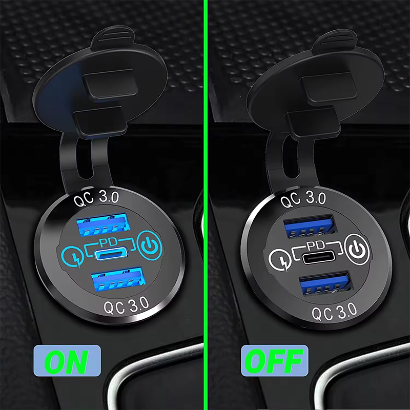 5 12V/24V Triple USB Outlet Metal 60W USB-C Multiple Car Charger Socket PD3.0 & Two QC3.0 Ports with Touch Switch manufacture