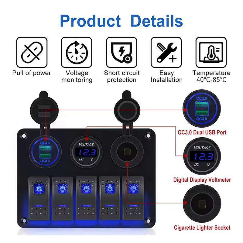5 12V 24V 5 Gang Car BOAT Caravan Marine Rocker Switch Panel with Wire Kit factory