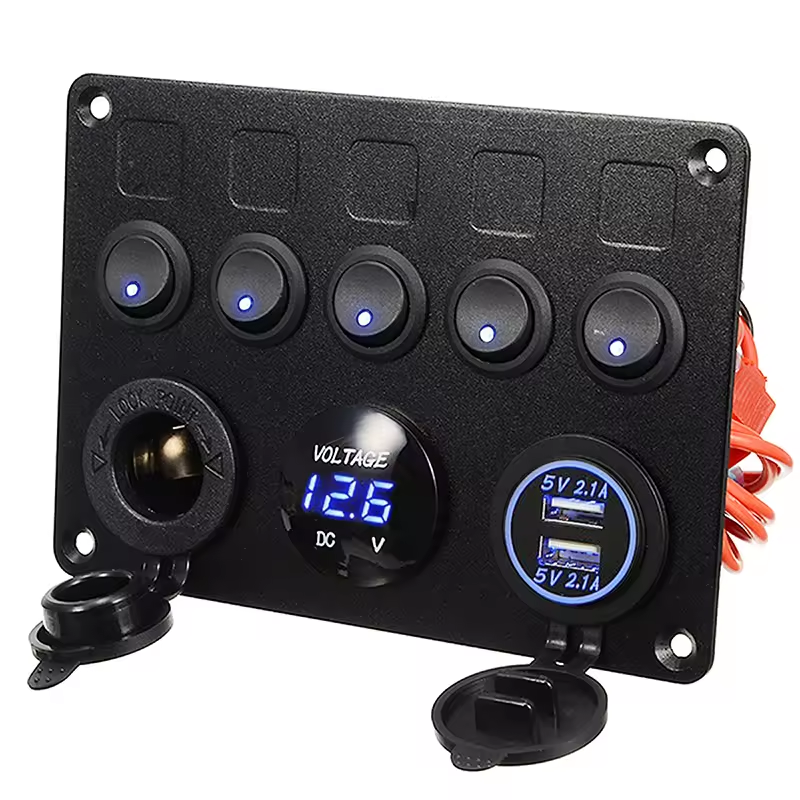 Universal LED 5 Rocker Switch (3) Universal LED 5 Rocker Switch USB Voltmeter Power Socket Panel Waterproof For 12V 24V Yacht Caravan Truck Marine Boat supplier