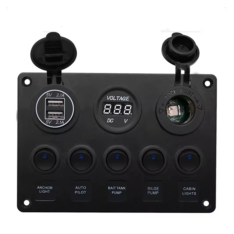 6 5 Gang Marine Rocker Switch Panel ON-Off Toggle Switch Panel Waterproof Blue LED Dual USB Socket Charger + Voltmeter factory