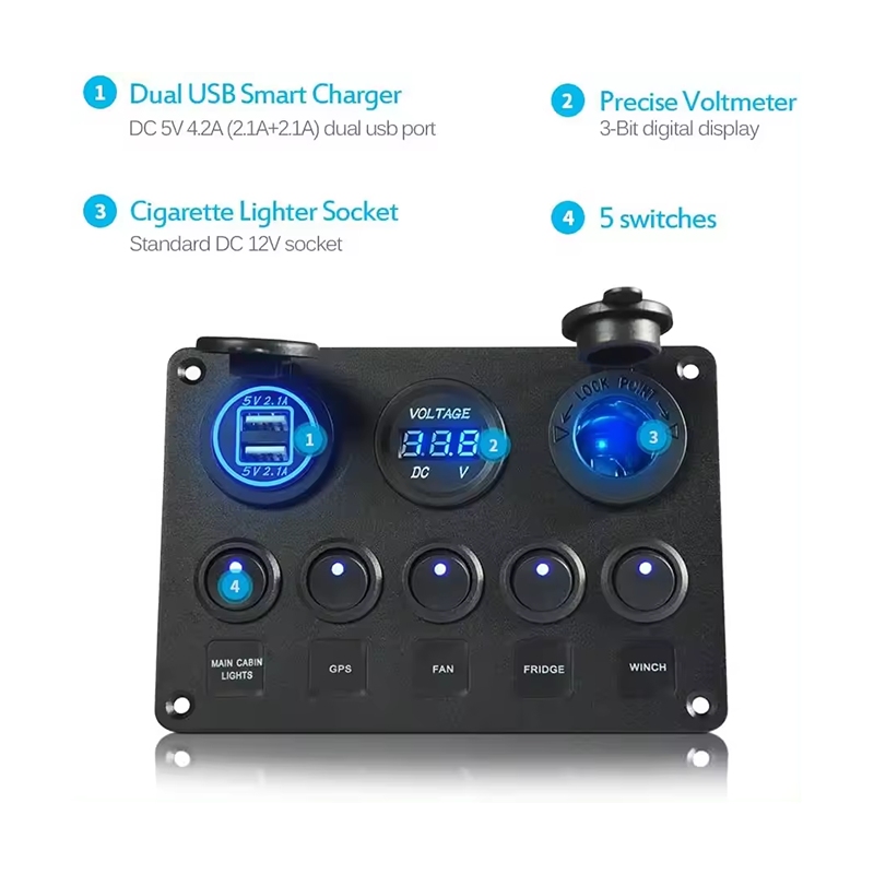 3 5 Gang Marine Rocker Switch Panel ON-Off Toggle Switch Panel Waterproof Blue LED Dual USB Socket Charger + Voltmeter details