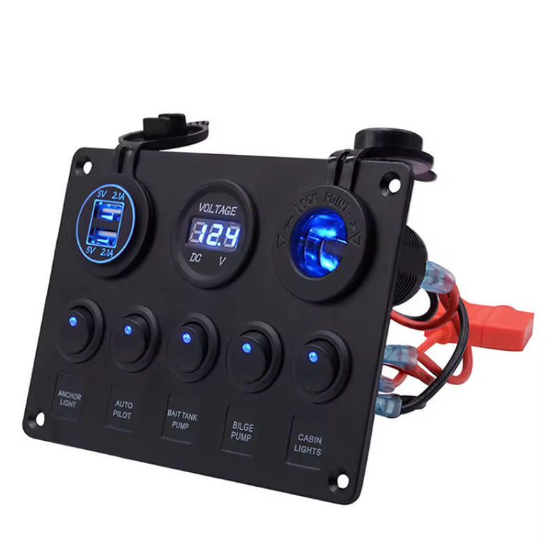 2 5 Gang Marine Rocker Switch Panel ON-Off Toggle Switch Panel Waterproof Blue LED Dual USB Socket Charger + Voltmeter factory