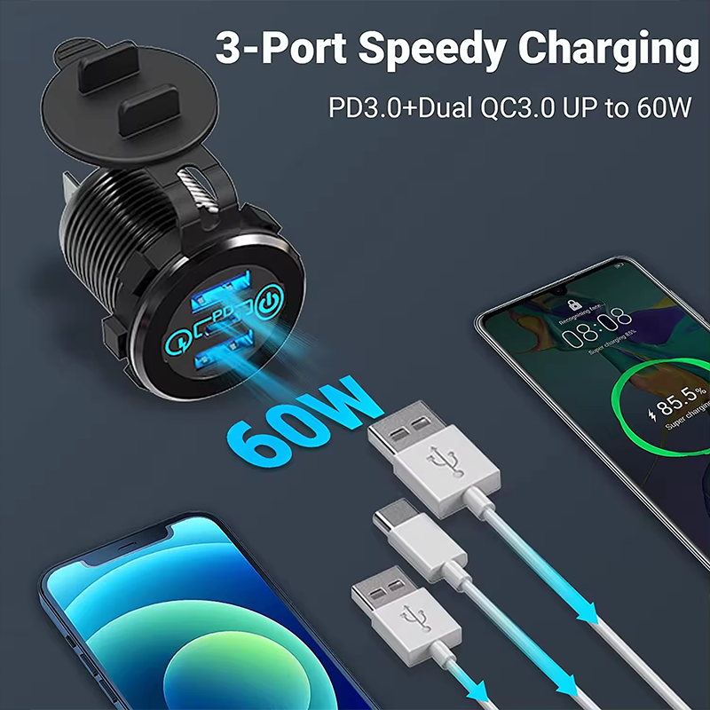 3 12V/24V Triple USB Outlet Metal 60W USB-C Multiple Car Charger Socket PD3.0 & Two QC3.0 Ports with Touch Switch supplier