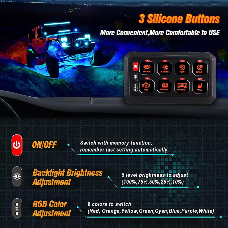 5 RGB 8 Gang Switch Panel 3 Silicone Button Universal Circuit Control Relay Box Multifunction Auxiliary Switch Panel Momentary Str details