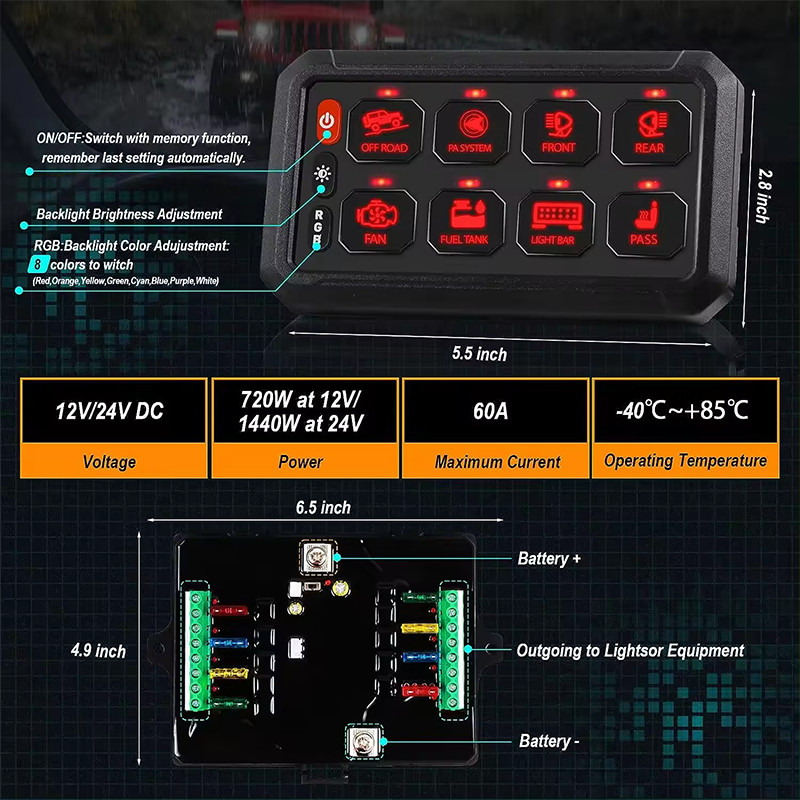 3 RGB 8 Gang Switch Panel 3 Silicone Button Universal Circuit Control Relay Box Multifunction Auxiliary Switch Panel Momentary Str supplier