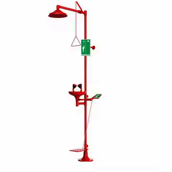Wall-mounted emergency shower for rapid response to chemical splashes and burns.
