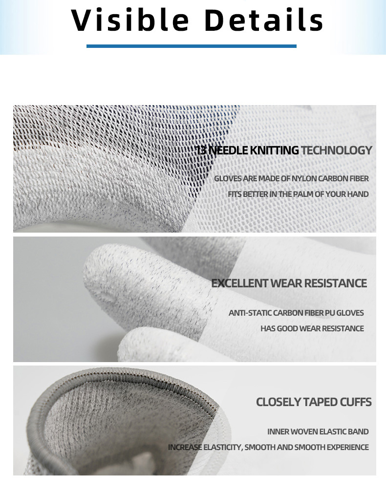 High Performance Anti-Static OP-170E Gray Nylon Carbon Fiber PU Work Gloves details