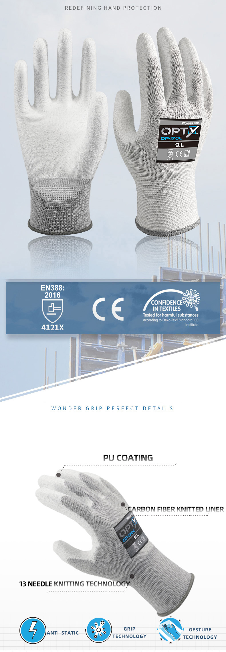 High Performance Anti-Static OP-170E Gray Nylon Carbon Fiber PU Work Gloves factory