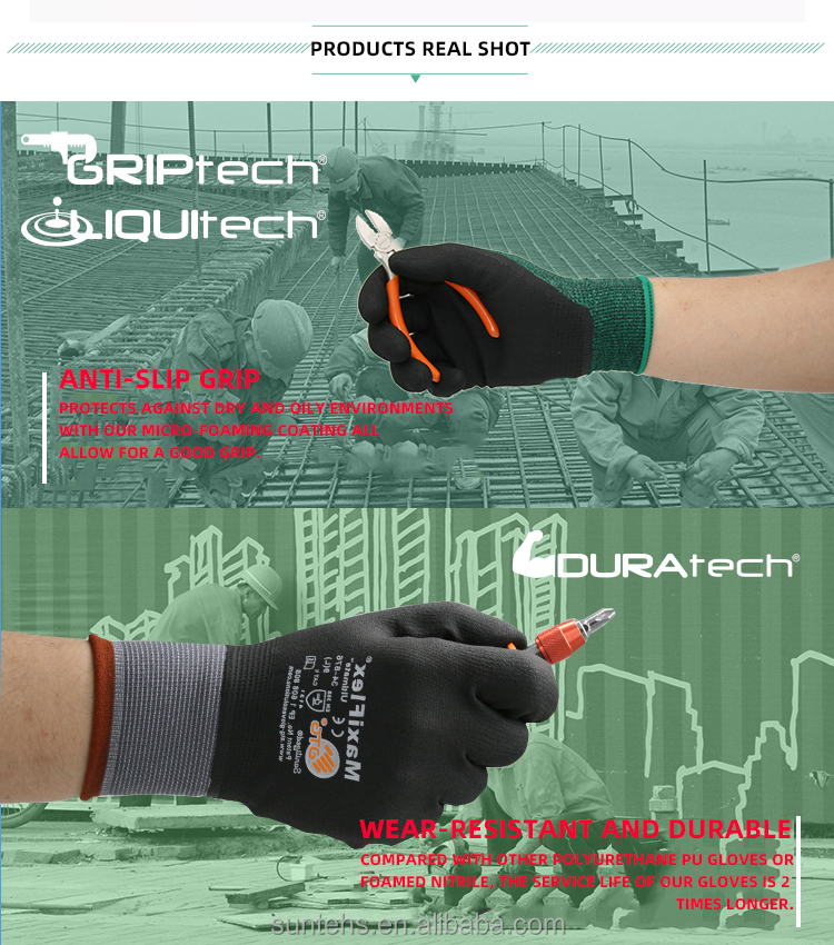 15G seamless woven nylon 34-844 gray black ultra-fine foam nitrile palm dipped gloves factory