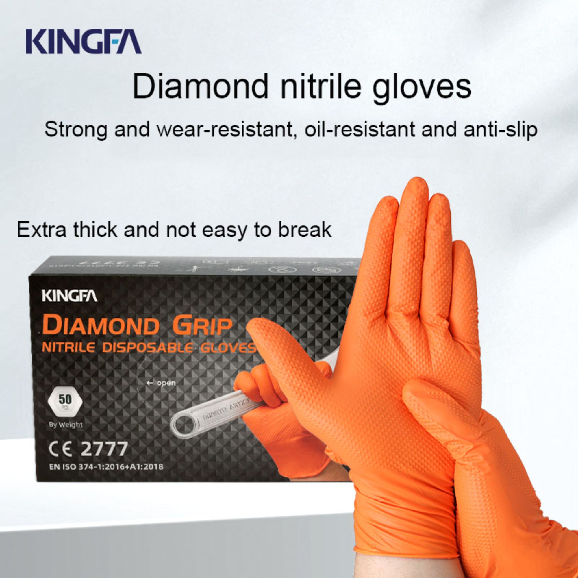 Thickened Diamond Textured Non Slip  Orange Disposable Nitrile Gloves