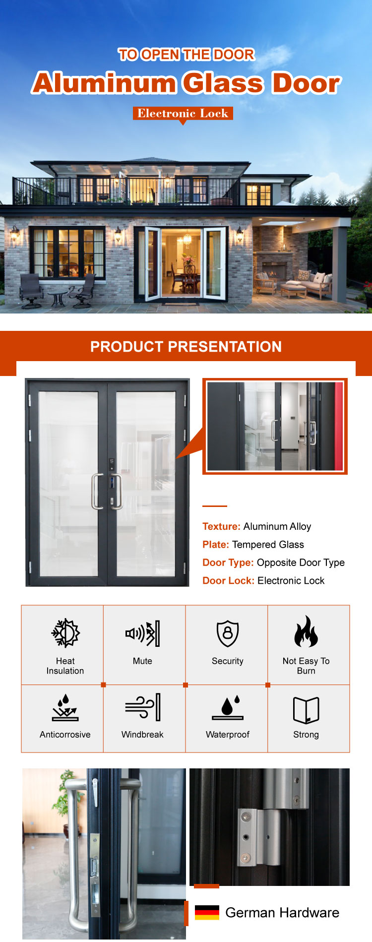 Doorwin Aluminum French design mother and son double open door modern designs for houses aluminum entry door details