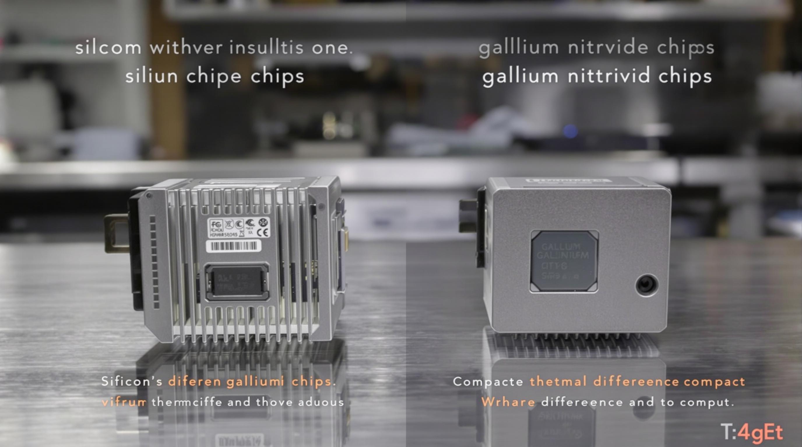 Silicon and gallium nitride power adapters side by side on a workbench highlighting differences in design and cooling