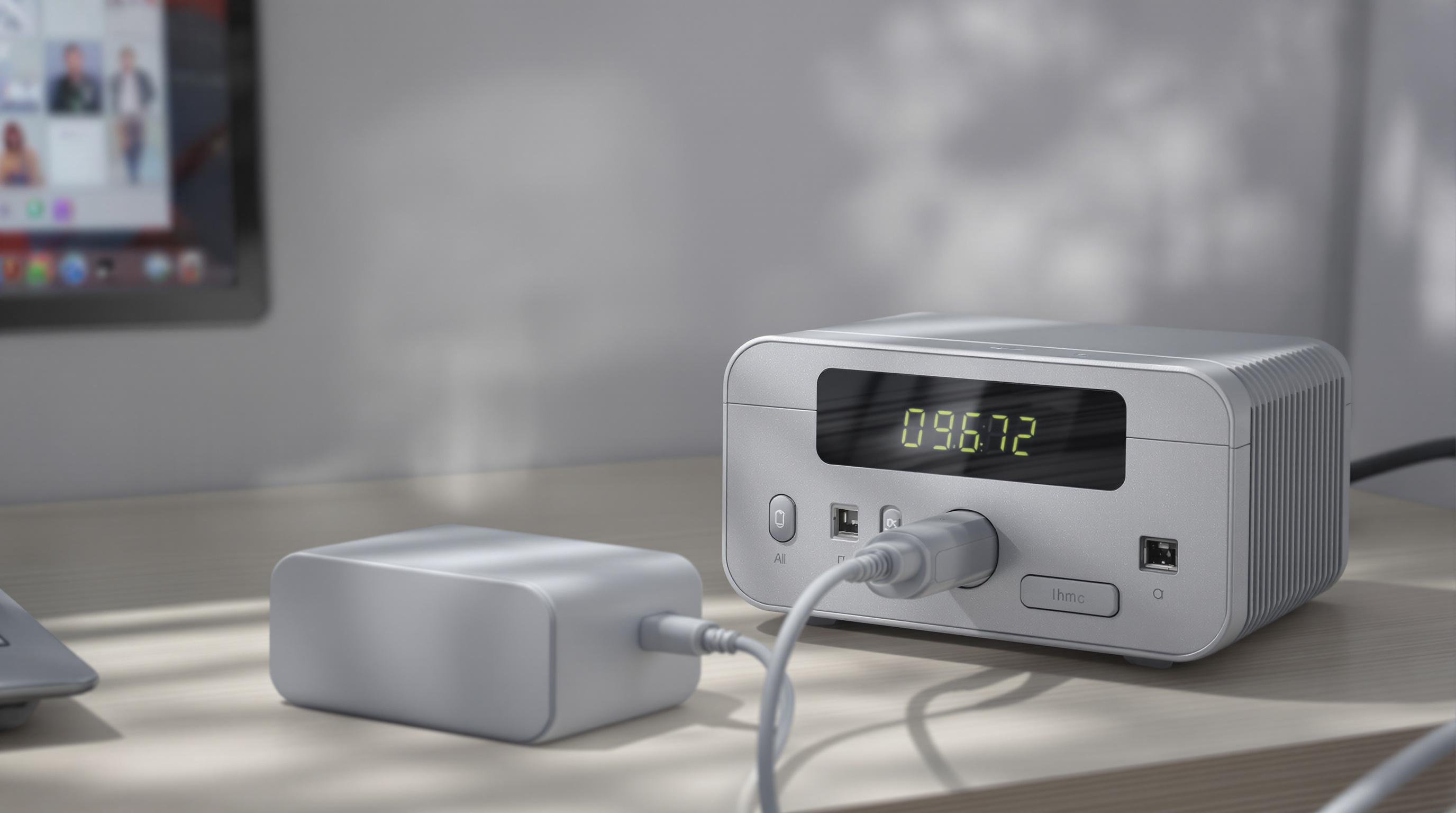 Modern and older power adapters side-by-side, showing visible heat from the old unit and efficient charging from the new one