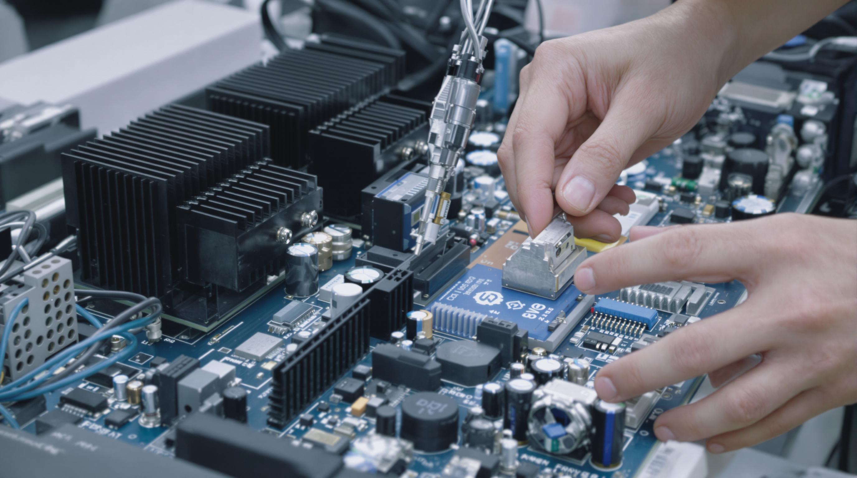 Technician maintaining a power electronics module with heatsinks and circuit boards in a muted lab setting