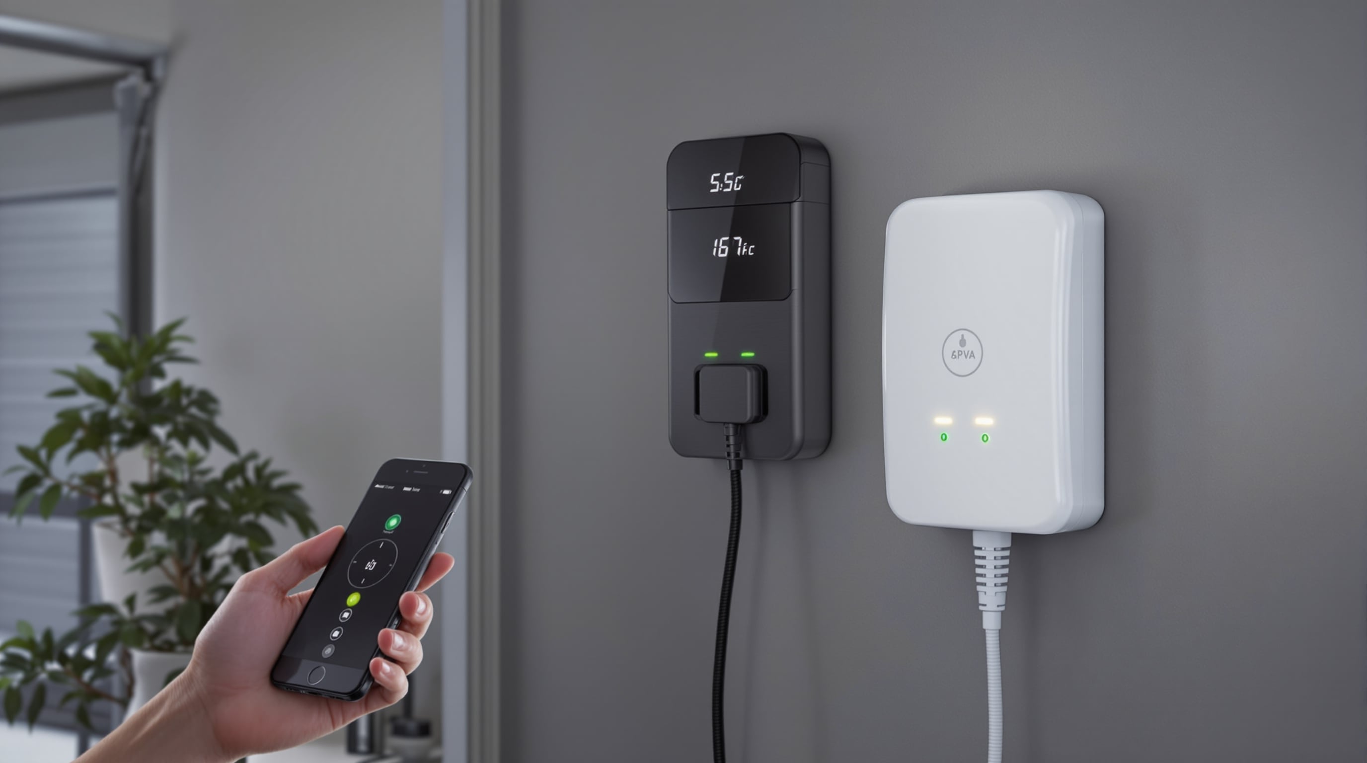 Person remotely controlling a smart AC charger from a smartphone in a modern garage, showcasing IoT integration.