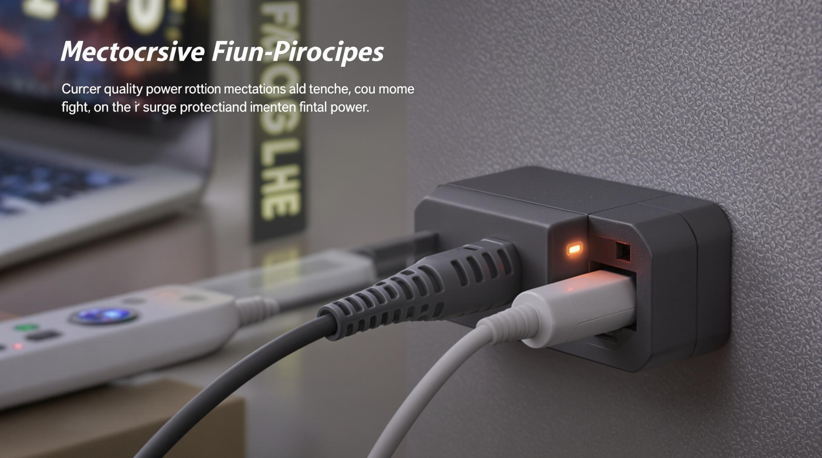 Close-up of a premium power adapter in a surge-protected strip with background electronics, highlighting device protection features